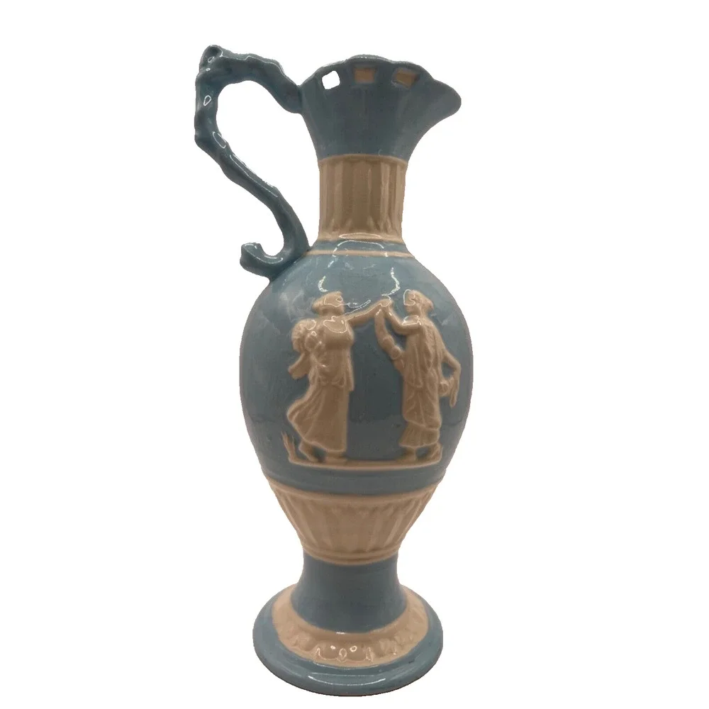 Vintage Light Blue Ceramic Greek Mythology Mini Ewer Vase